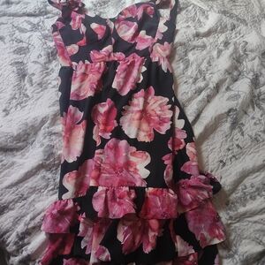 Floral Pink and Black Midi Dress